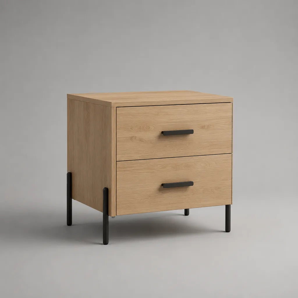 Comodino rettangolare in legno e metallo, 2 cassetti, rovere chiaro e nero, 50 × 40 × 55 cm