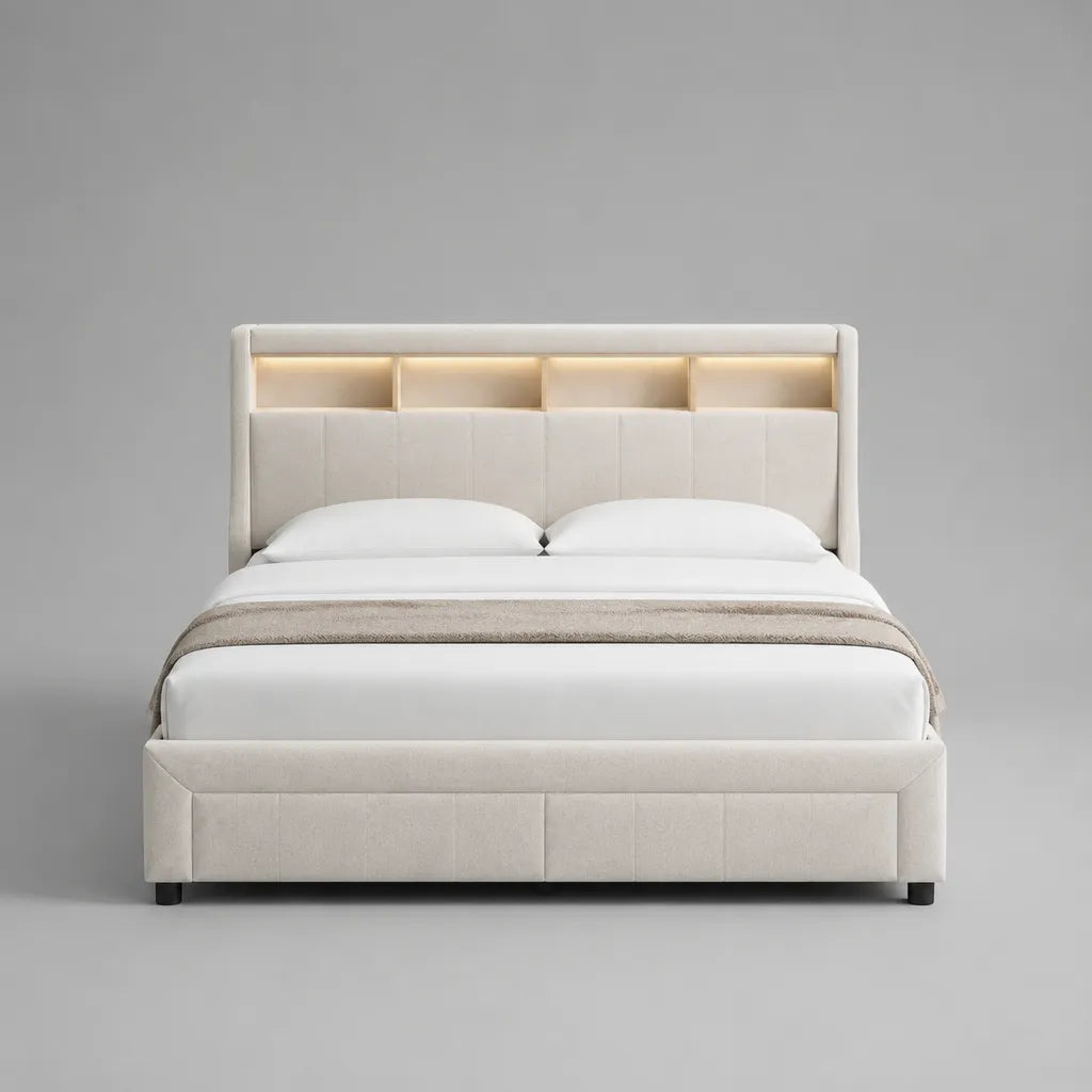 Letto matrimoniale crema imbottita 160 × 200 cm con testa a 4 letti e illuminazione a LED, dimensioni 170 × 215 × 120 cm