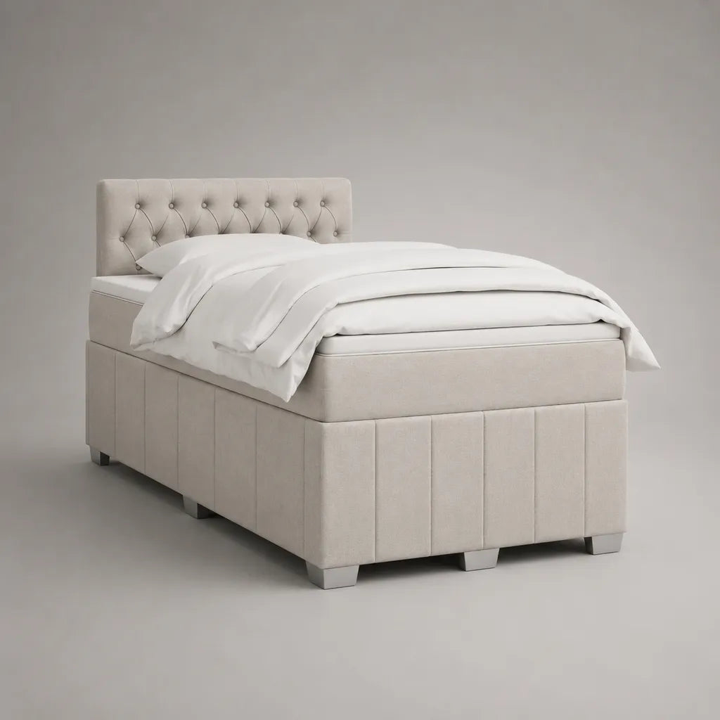 Letto matrimoniale imbottito chiaro beige 140 × 200 cm con testa letto imbottita, letto con latte e materasso