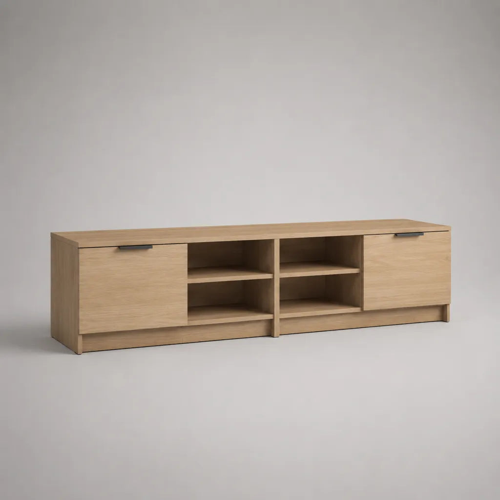 Armadio rettangolare a bassa TV in pannello di particelle di melamina effetto rovere naturale con 2 porte e 4 nicchie, 160 × 40 × 55 cm