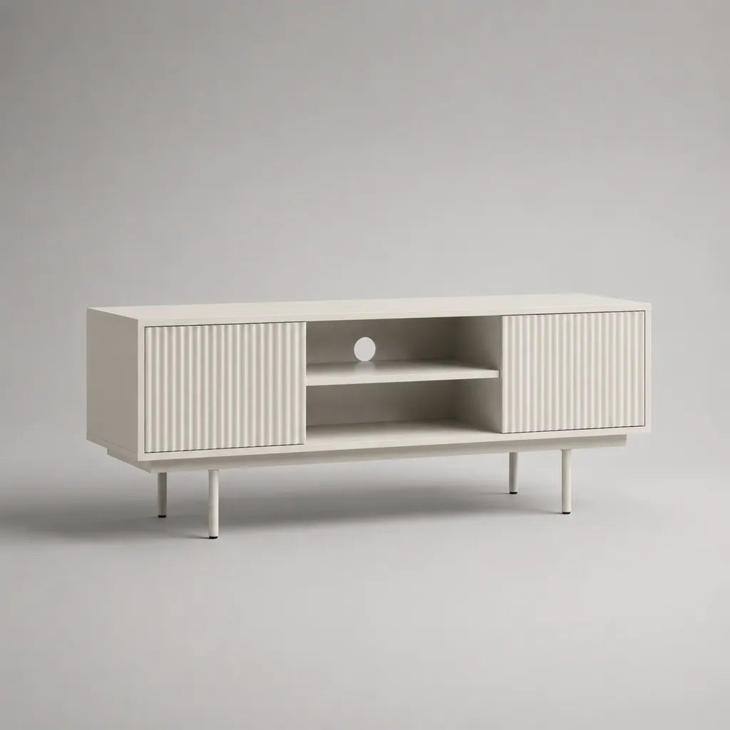 Armadio rettangolare per TV MDF bianco, 2 porte scanalate, 2 nicchie e pass via cavo, 140 × 40 × 60 cm