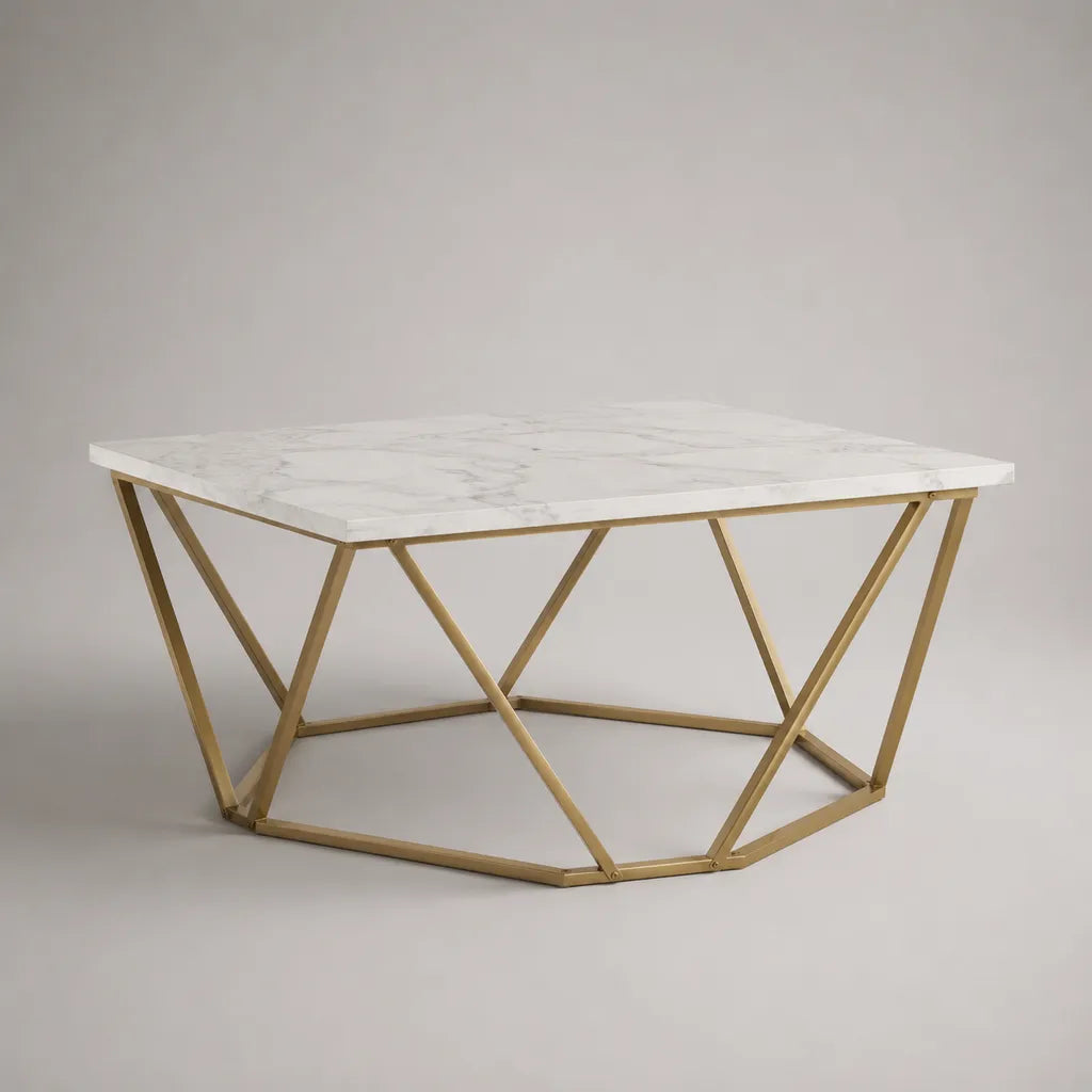 Tavolo basso quadrato 80 × 80 × 45 cm, effetto marmo bianco MDF e acciaio placcato oro