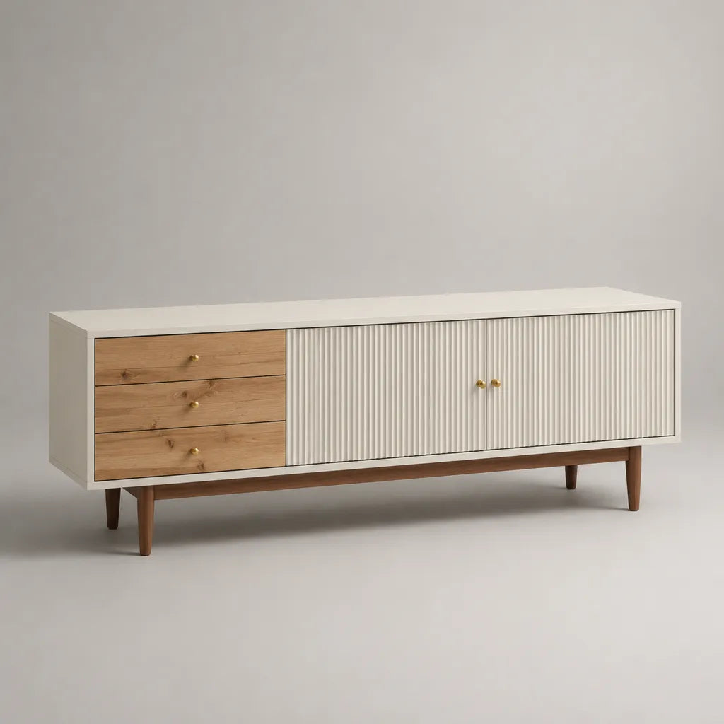 Armadio rettangolare MDF bassa TV e impiallacciatura in rovere bianco e marrone, 3 cassetti e 2 porte, 160 × 40 × 70 cm