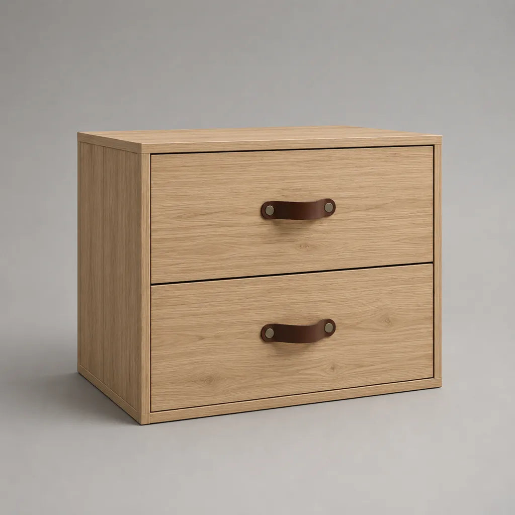 Comodino rettangolare in legno con 2 cassetti, rovere chiaro e marrone scuro, 45 × 35 × 45 cm