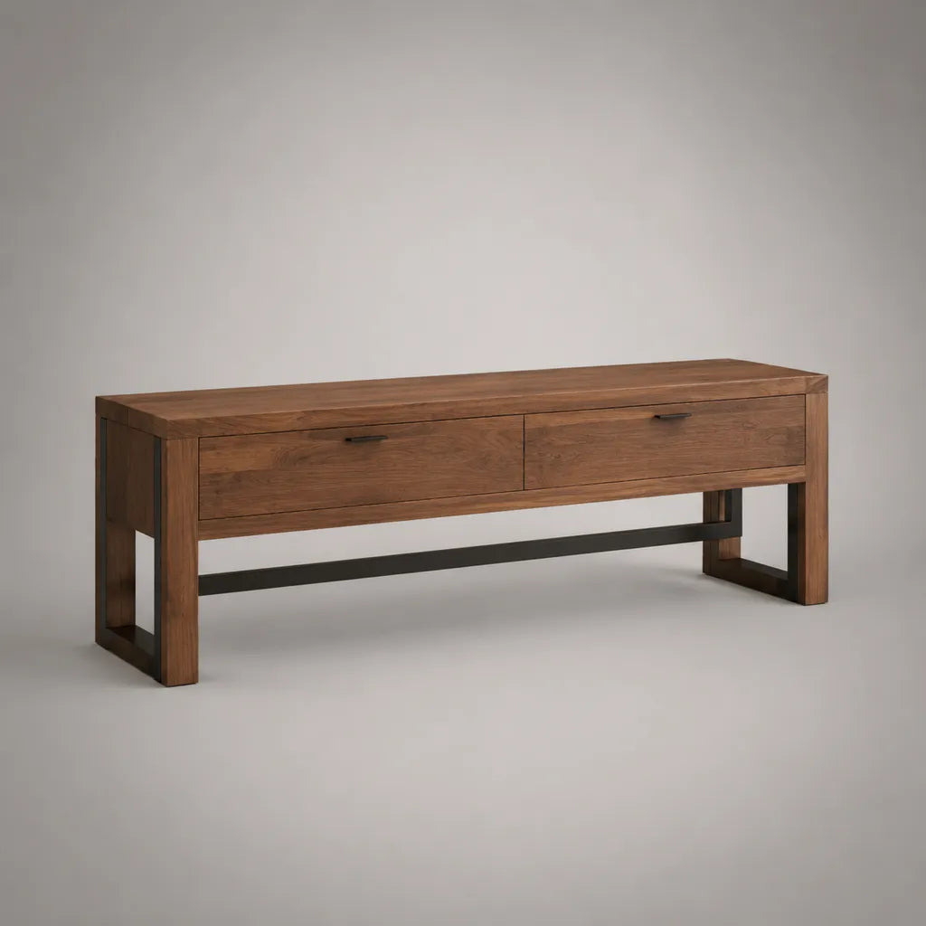 Armadio TV rettangolare in acacia massiccia e metallo nero con 2 cassetti, marrone e nero, 160 × 40 × 60 cm