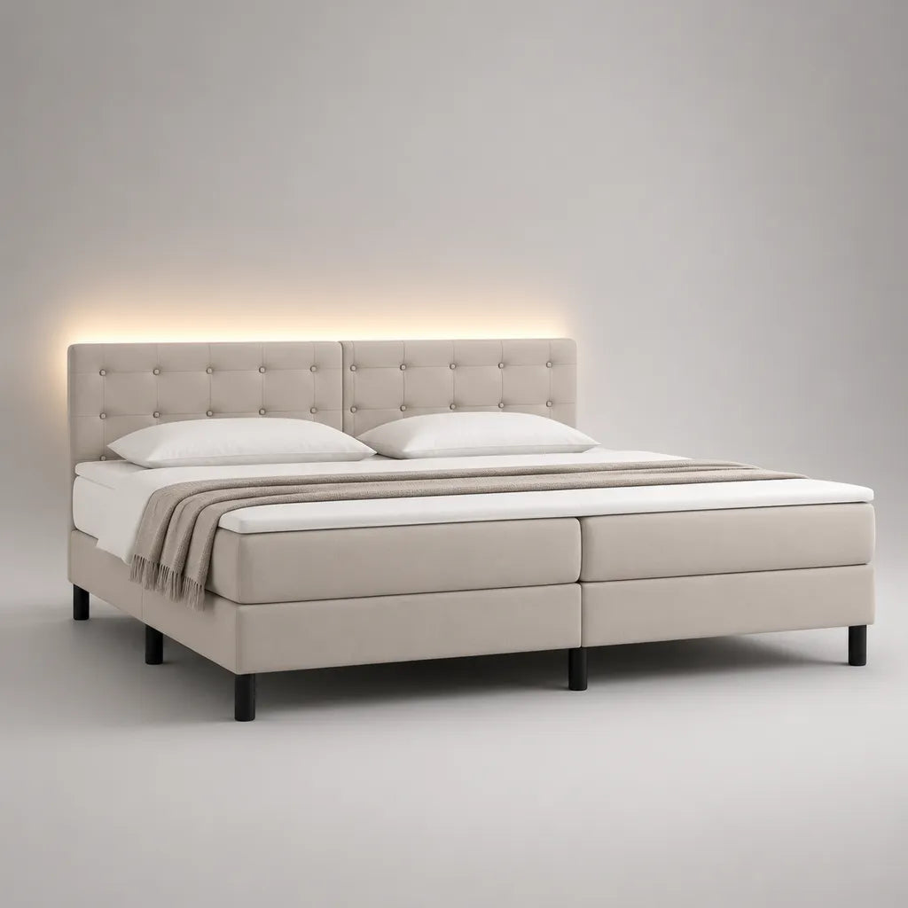 Letto matrimoniale continentale in tessuto beige, letto 180 × 200 cm, dimensioni 190 × 210 × 115 cm, testa letto imbottita con illuminazione a LED