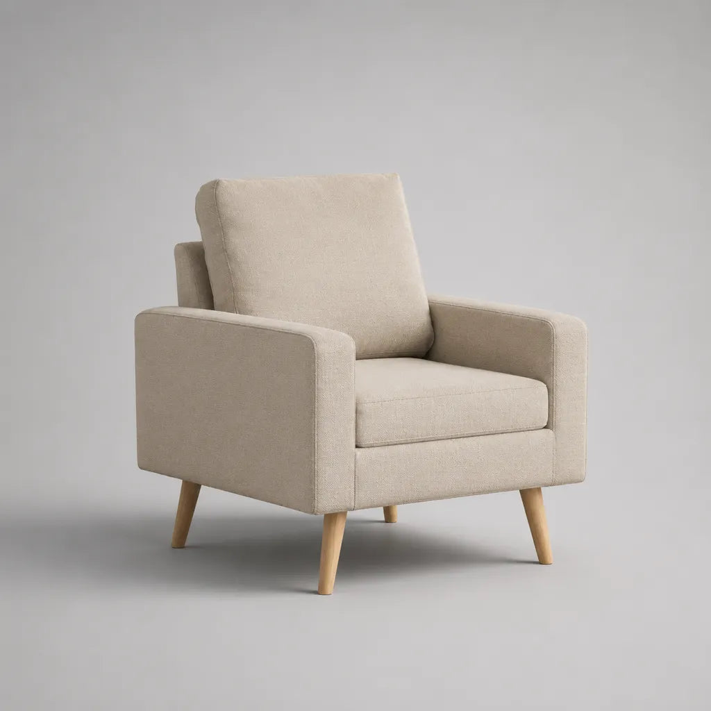 1 sedia in tessuto beige con piedi in legno naturale, 78 × 82 × 86 cm
