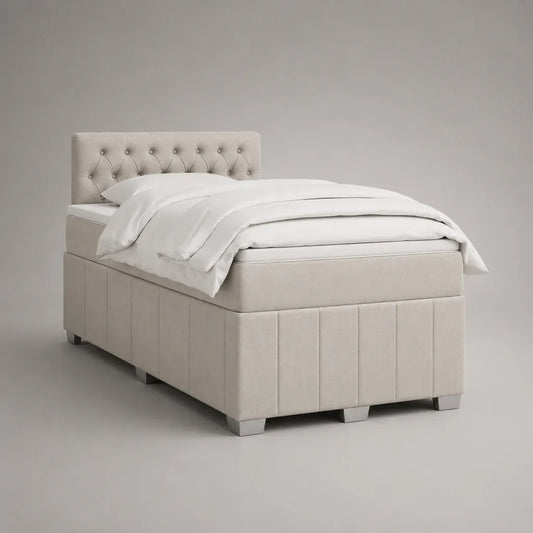 Letto matrimoniale imbottito chiaro beige 140 × 200 cm con testa letto imbottita, letto con latte e materasso
