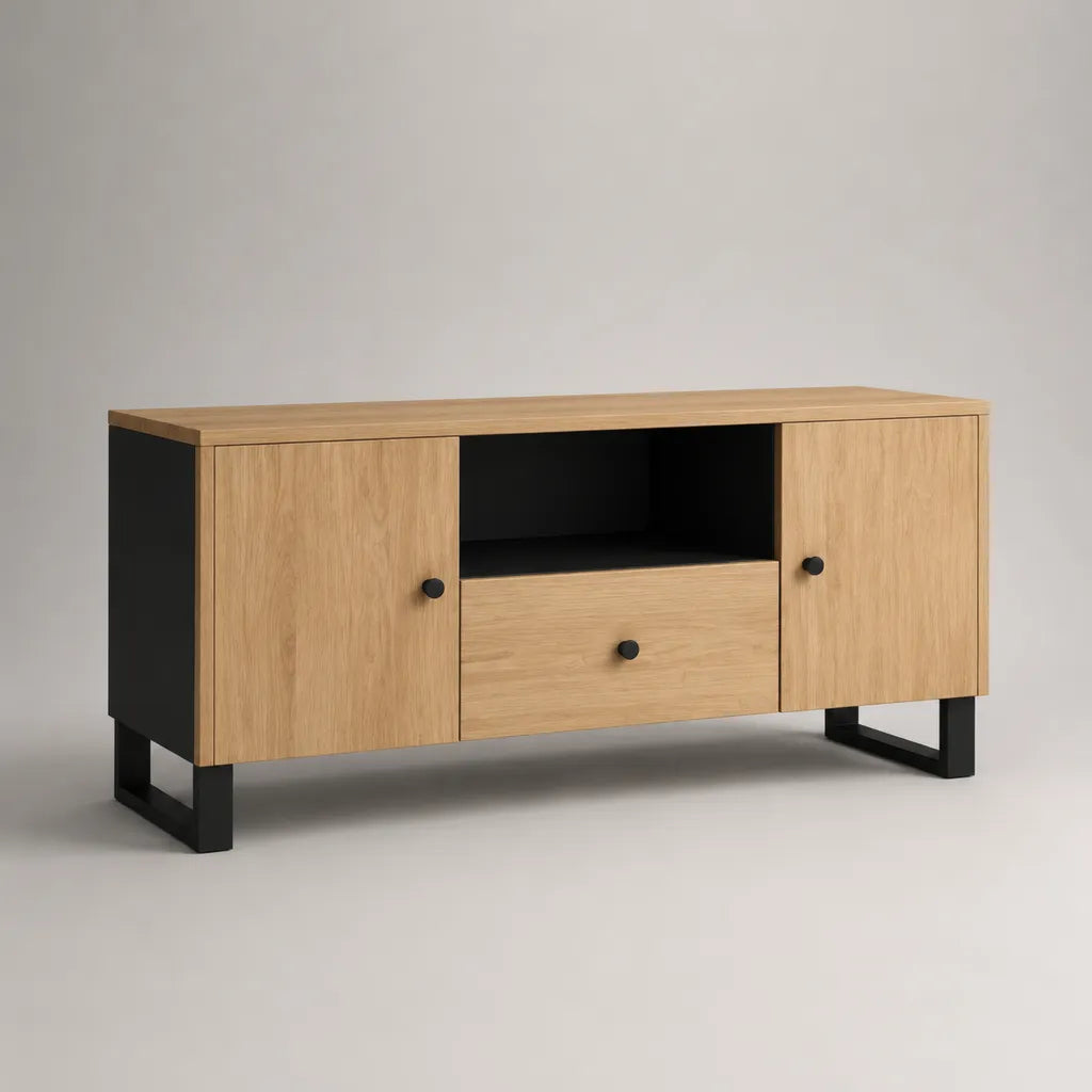 Armadio TV in pannello di particelle melamine e acciaio, rovere chiaro e nero, 2 porte, 1 cassetto, 1 nicchia, 140 × 40 × 70 cm