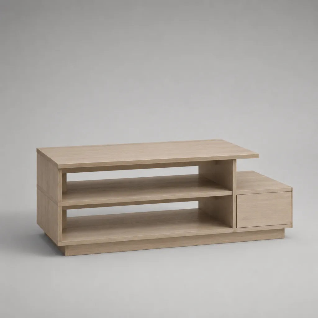 Tavolo basso rettangolare in pannelli a particelle, rovere leggero, 120 × 55 × 45 cm, 2 ripiani e 1 cassetto