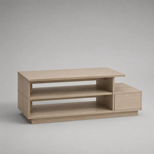 Tavolo basso rettangolare in pannelli a particelle, rovere leggero, 120 × 55 × 45 cm, 2 ripiani e 1 cassetto