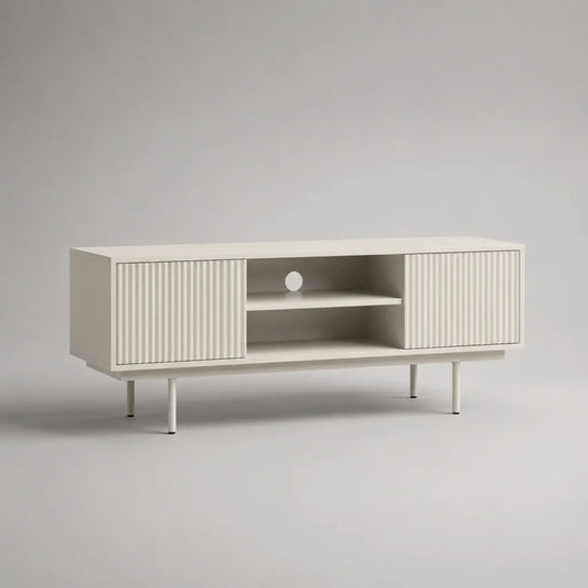 Armadio rettangolare per TV MDF bianco, 2 porte scanalate, 2 nicchie e pass via cavo, 140 × 40 × 60 cm