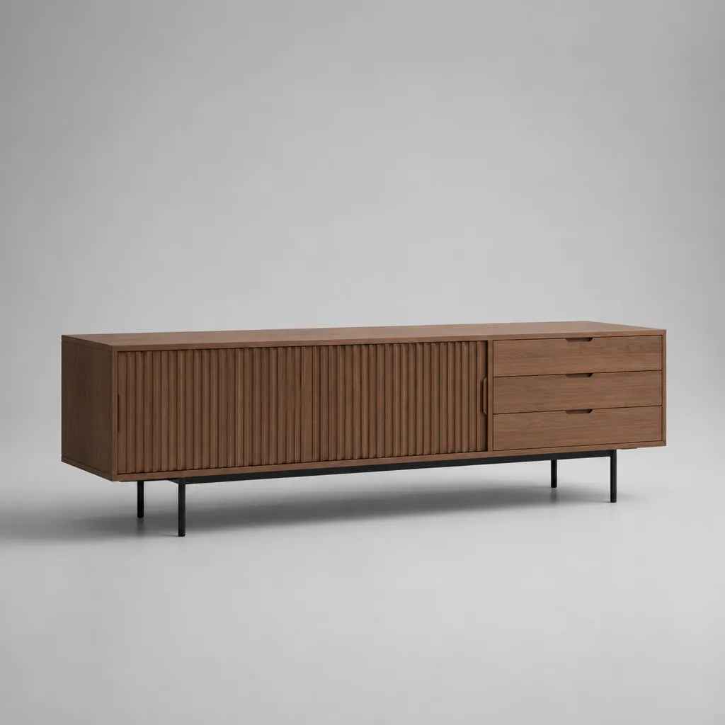 Armadio Tv basso in noce placcato MDF e acciaio nero con 2 porte scorrevoli e 3 cassetti, 180 × 40 × 60 cm