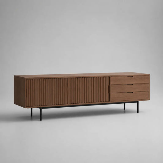 Armadio Tv basso in noce placcato MDF e acciaio nero con 2 porte scorrevoli e 3 cassetti, 180 × 40 × 60 cm