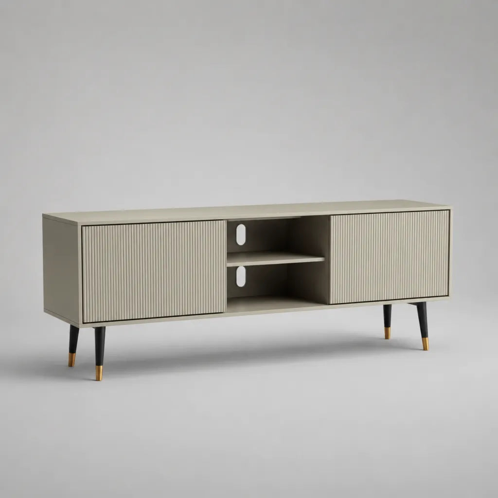 Armadio Tv MDF basso con 2 porte scanalate e 2 nicchie, talpa, nero e oro, 160 × 40 × 65 cm