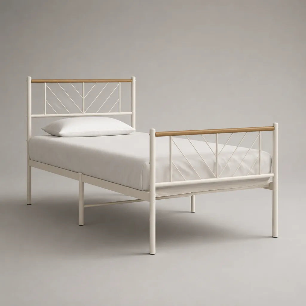 Letto singolo 90 × 190 cm in metallo bianco e legno beige naturale, 198 × 96 × 95 cm