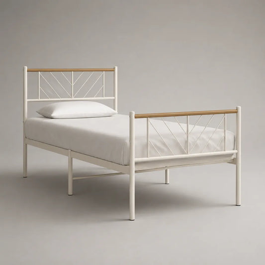 Letto singolo 90 × 190 cm in metallo bianco e legno beige naturale, 198 × 96 × 95 cm