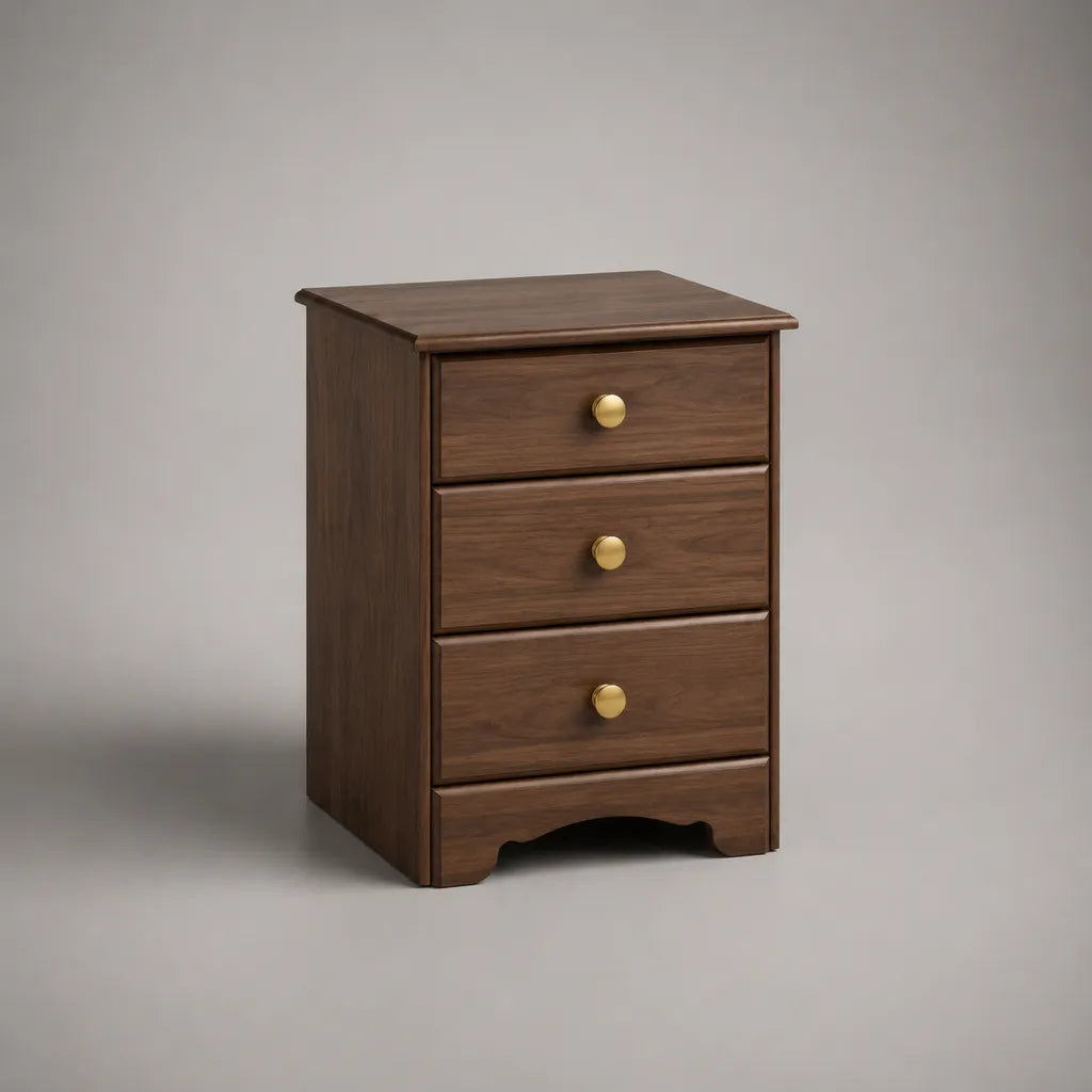 Comodino rettangolare con 3 cassetti in noce placcato MDF, marrone e ottone, 40 × 35 × 60 cm