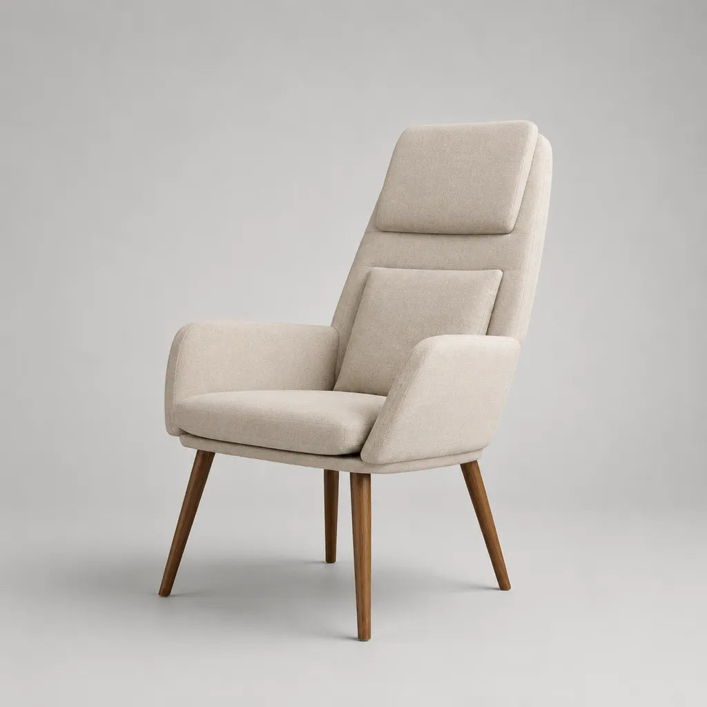 Sedia posteriore alta in tessuto beige con braccioli in legno marrone, cuscini e piedi, 72 × 82 × 112 cm