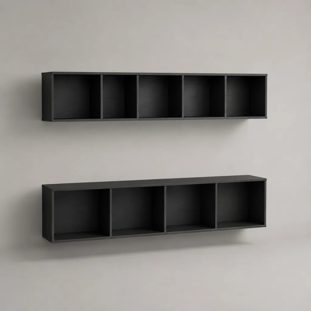 Set di 2 mobili da parete con scomparti aperti di pannello di particelle di melamina nera, 160 × 30 × 40 cm e 160 × 25 × 30 cm