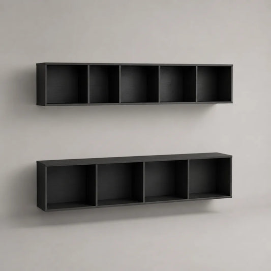 Set di 2 mobili da parete con scomparti aperti di pannello di particelle di melamina nera, 160 × 30 × 40 cm e 160 × 25 × 30 cm