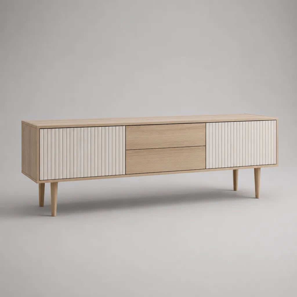 Basso armadio rettangolare in legno TV, 2 porte scanalate e 2 cassetti, rovere naturale e bianco rotto, 160 × 40 × 65 cm