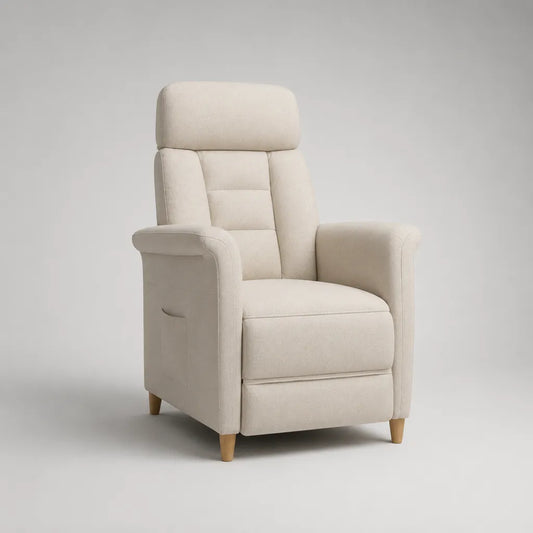 Sedia rilassante manuale in tessuto beige con schienale alto e poggiapiedi estraibile, 75 × 90 × 105 cm