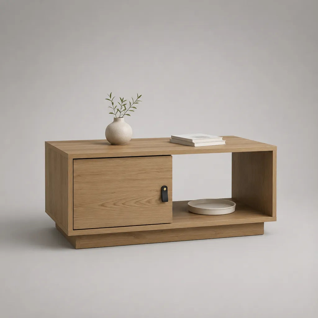 Tavolo basso rettangolare con contenitore di pannello di particelle placcato di rovere naturale, 100 × 50 × 45 cm