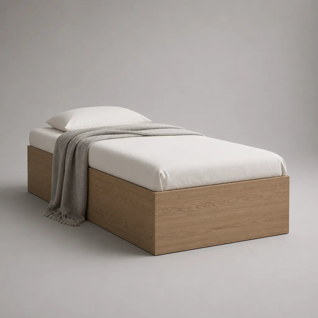 Letto singolo senza testata in pannello di particelle, rovere naturale, letto 90 × 200 cm, dimensioni 96 × 206 × 40 cm
