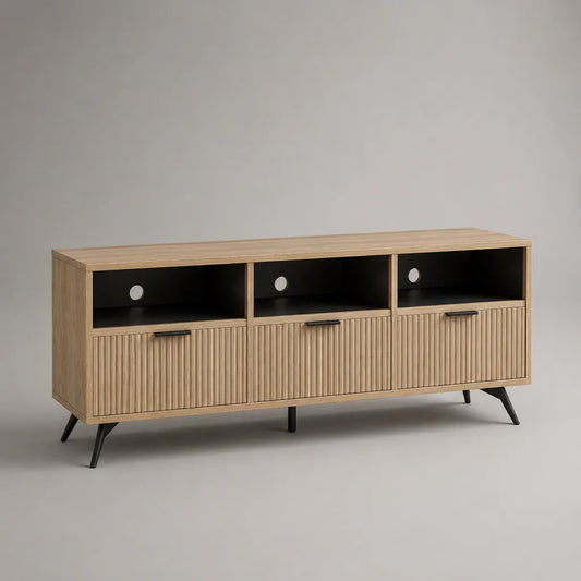 Basso armadio rettangolare TV in pannello di particelle, MDF e acciaio, rovere chiaro e nero, 150 × 40 × 70 cm