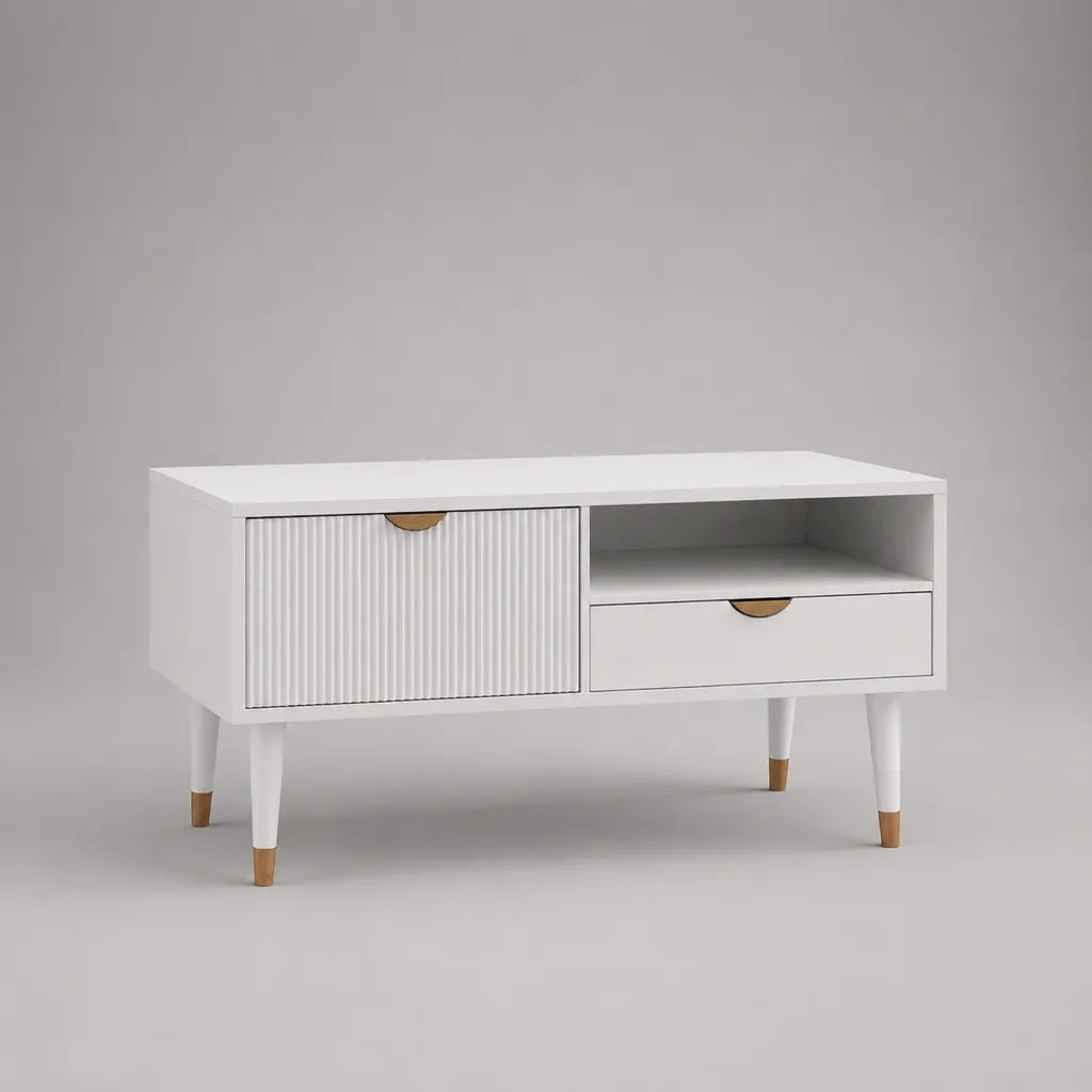 Armadio TV rettangolare in legno bianco e metallo oro, 100 × 35 × 60 cm, con 1 porta, 1 cassetto e 1 nicchia
