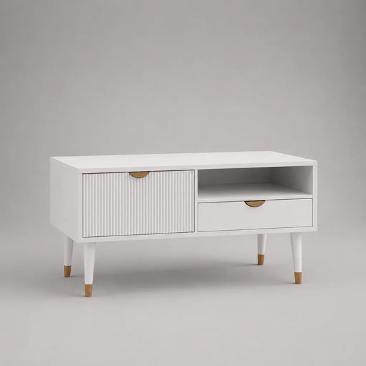 Armadio TV rettangolare in legno bianco e metallo oro, 100 × 35 × 60 cm, con 1 porta, 1 cassetto e 1 nicchia