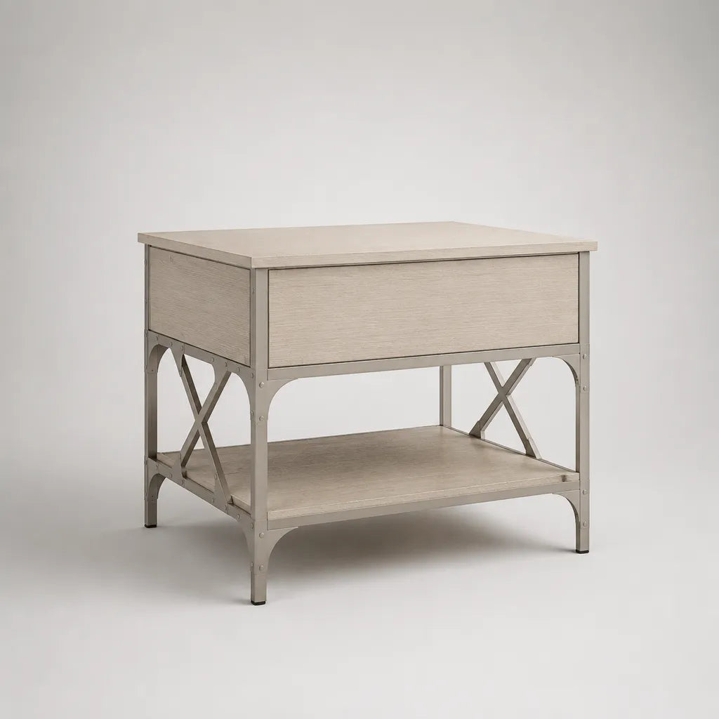 Tavolo rettangolare in MDF e acciaio con cassetto e ripiano, grigio taupe, 61 × 46 × 66 cm