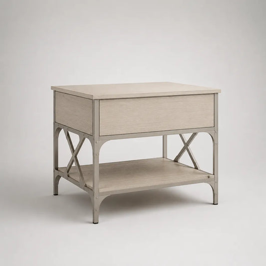 Tavolo rettangolare in MDF e acciaio con cassetto e ripiano, grigio taupe, 61 × 46 × 66 cm