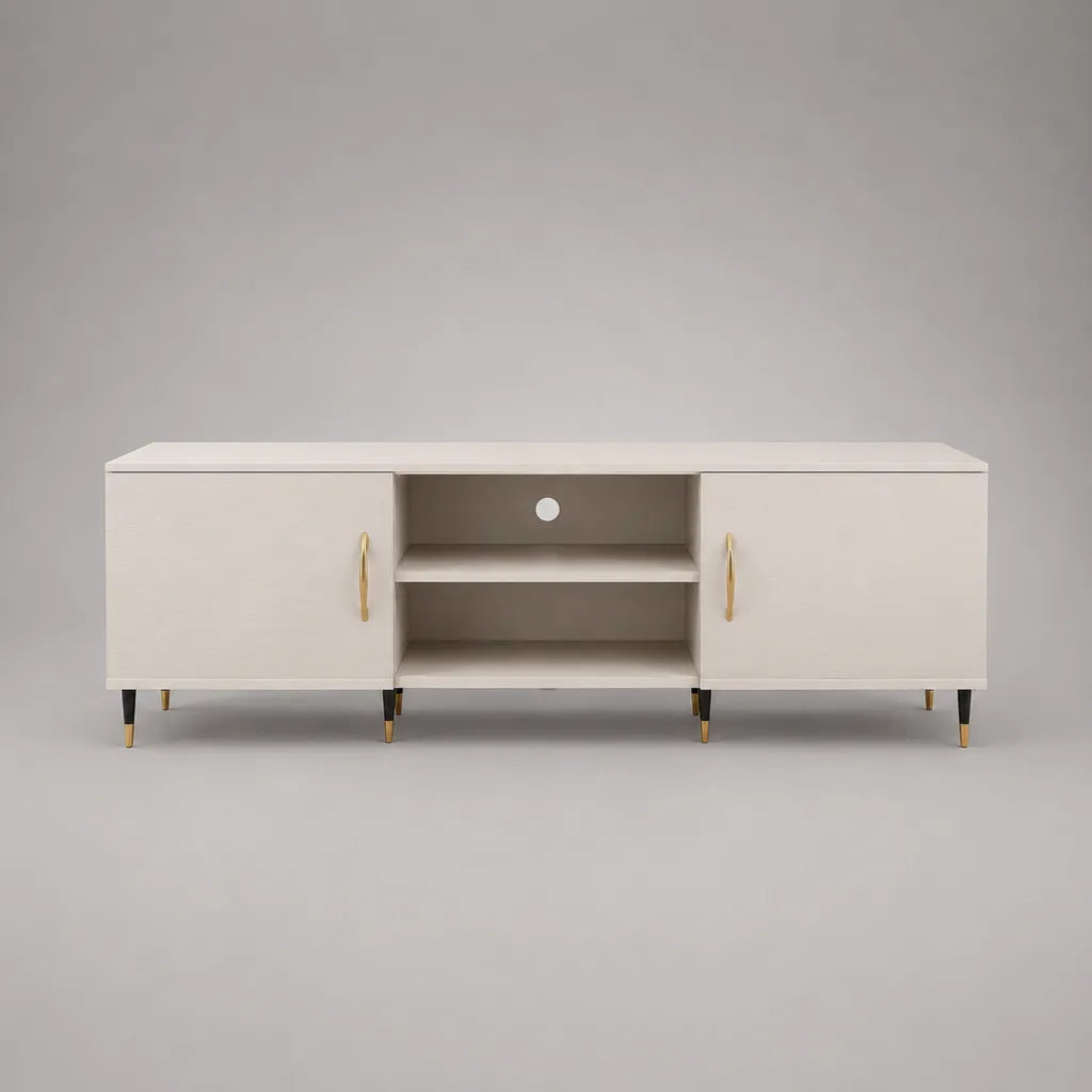 Armadio TV rettangolare in legno con 2 porte e 2 nicchie, bianco rotto, nero e oro, 180 × 40 × 60 cm