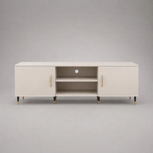 Armadio TV rettangolare in legno con 2 porte e 2 nicchie, bianco rotto, nero e oro, 180 × 40 × 60 cm