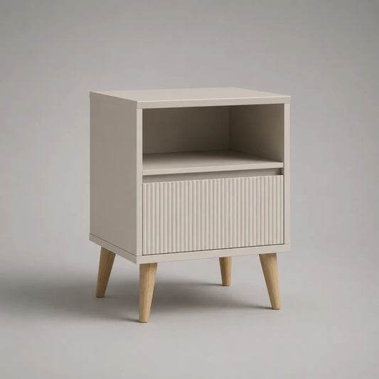 Comodino beige in MDF e legno con cassetto scanalato e nicchia aperta, 40 × 35 × 60 cm