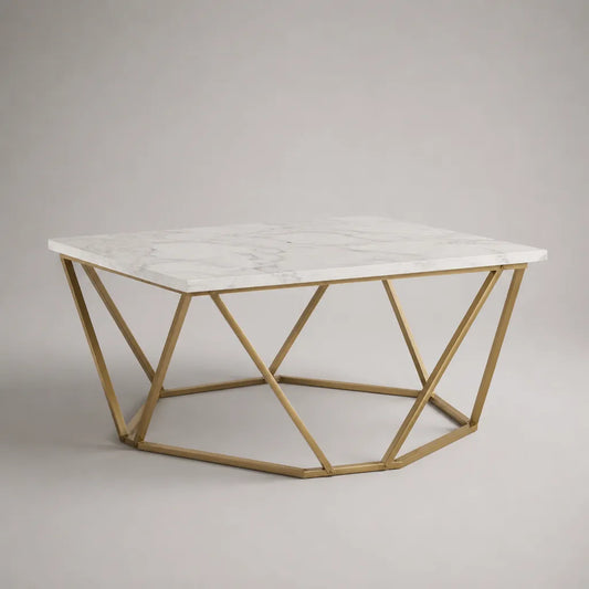 Tavolo basso quadrato 80 × 80 × 45 cm, effetto marmo bianco MDF e acciaio placcato oro