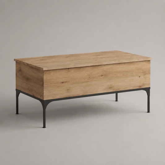 Tavolino rettangolare con stoccaggio in legno e metallo, rovere naturale e nero, 100 × 50 × 50 cm