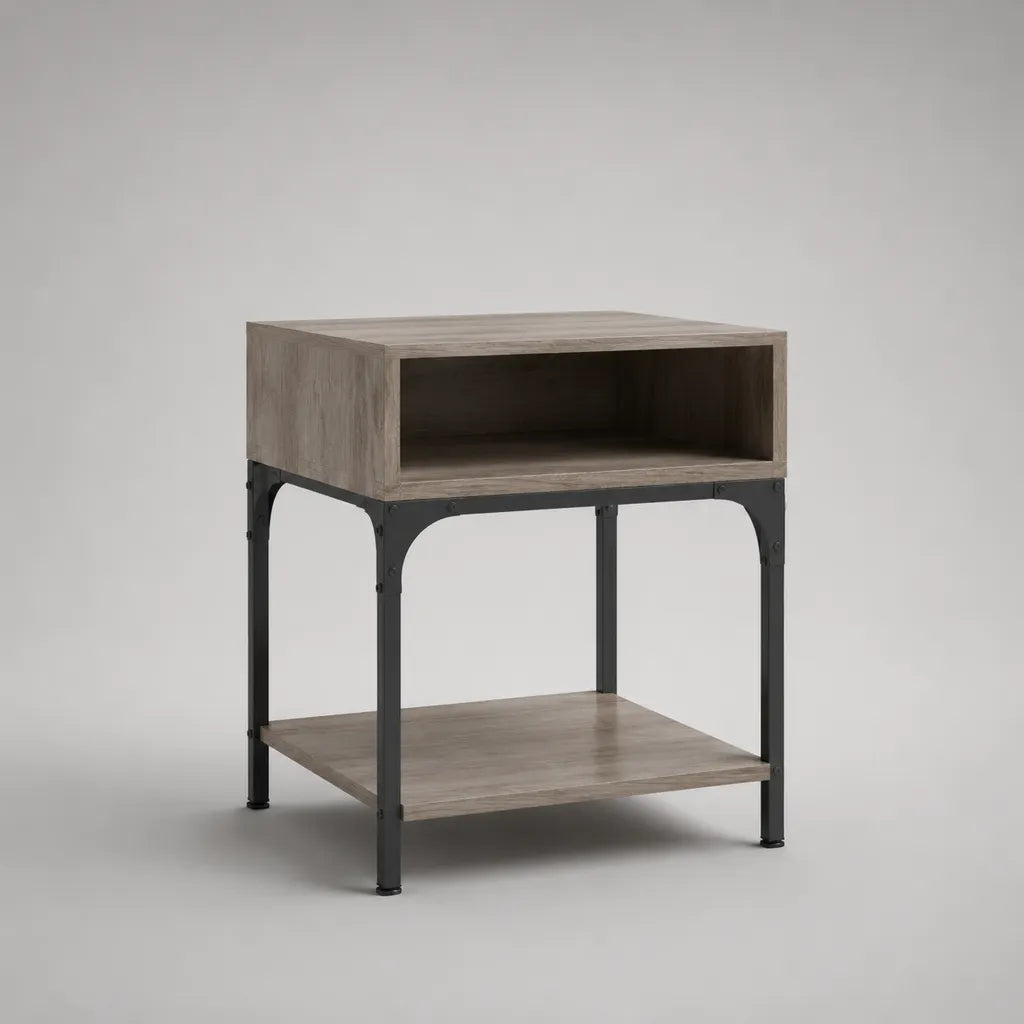 Comodino rettangolare in legno e acciaio con nicchia e ripiano, rovere grigio e nero, 45 × 40 × 60 cm