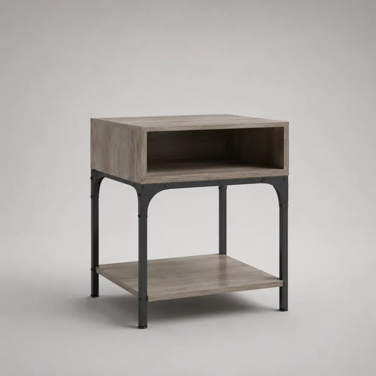 Comodino rettangolare in legno e acciaio con nicchia e ripiano, rovere grigio e nero, 45 × 40 × 60 cm