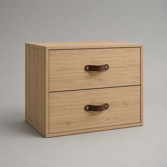 Comodino rettangolare in legno con 2 cassetti, rovere chiaro e marrone scuro, 45 × 35 × 45 cm