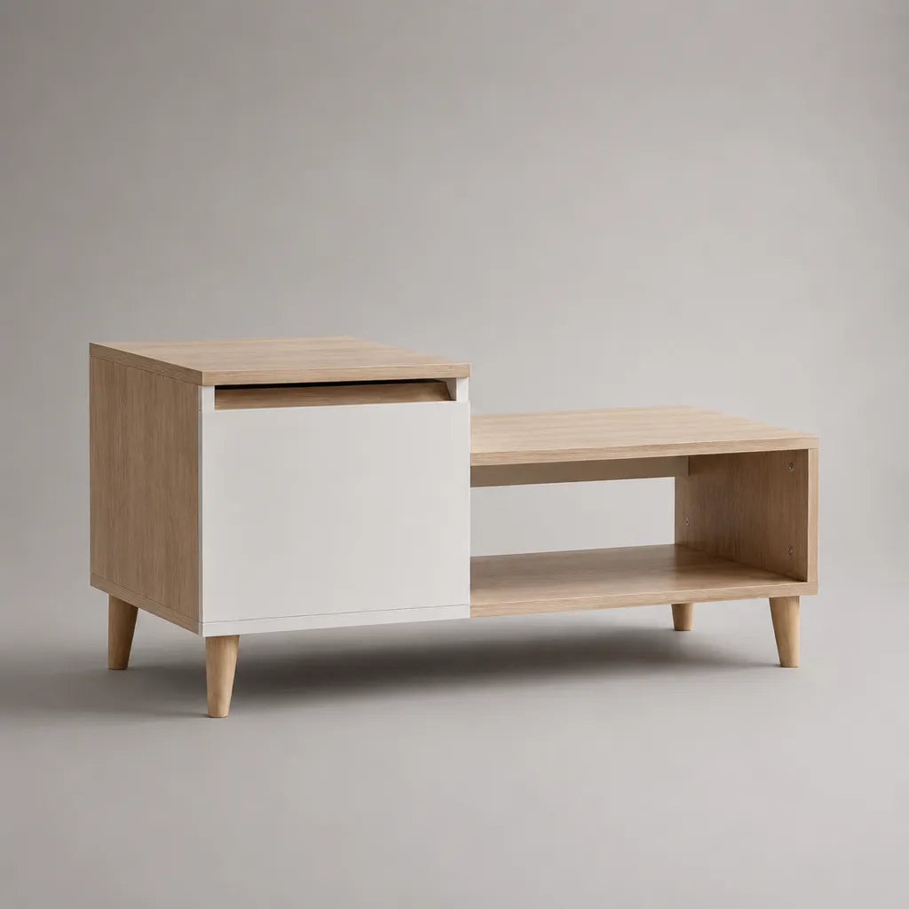 Tavolino rettangolare a due livelli con pannello in melamina, rovere chiaro e bianco, 110 × 55 × 60 cm