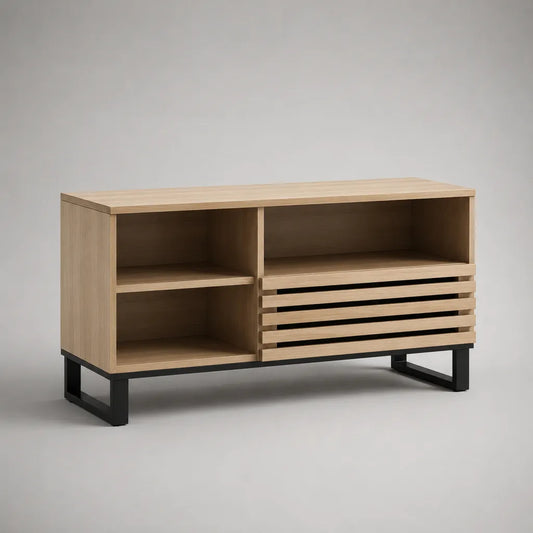 Armadio TV in legno e acciaio con porta con latte scorrevole, rovere chiaro e nero, 120 × 40 × 70 cm
