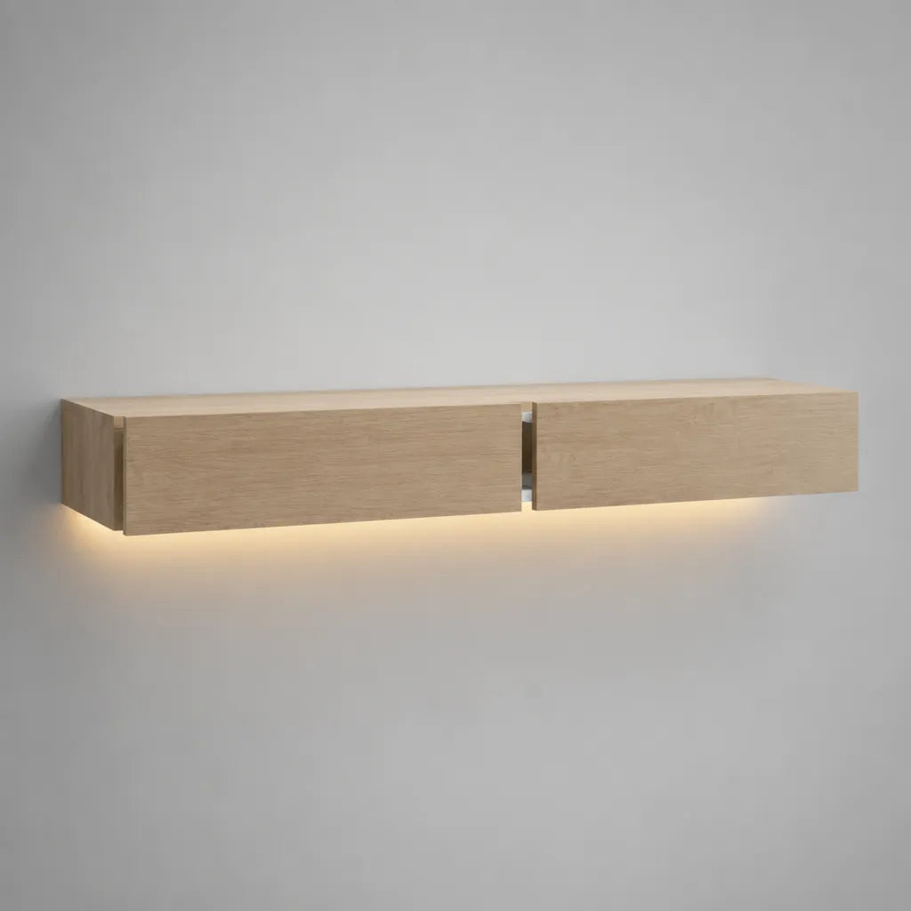 Armadio TV a parete in legno con luce a LED bianca calda, rovere leggero, 180 × 35 × 30 cm