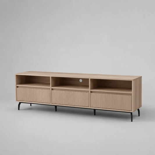 Basso armadio rettangolare TV in legno di rovere leggero e metallo nero, 3 cassetti e 3 nicchie, 180 × 40 × 60 cm