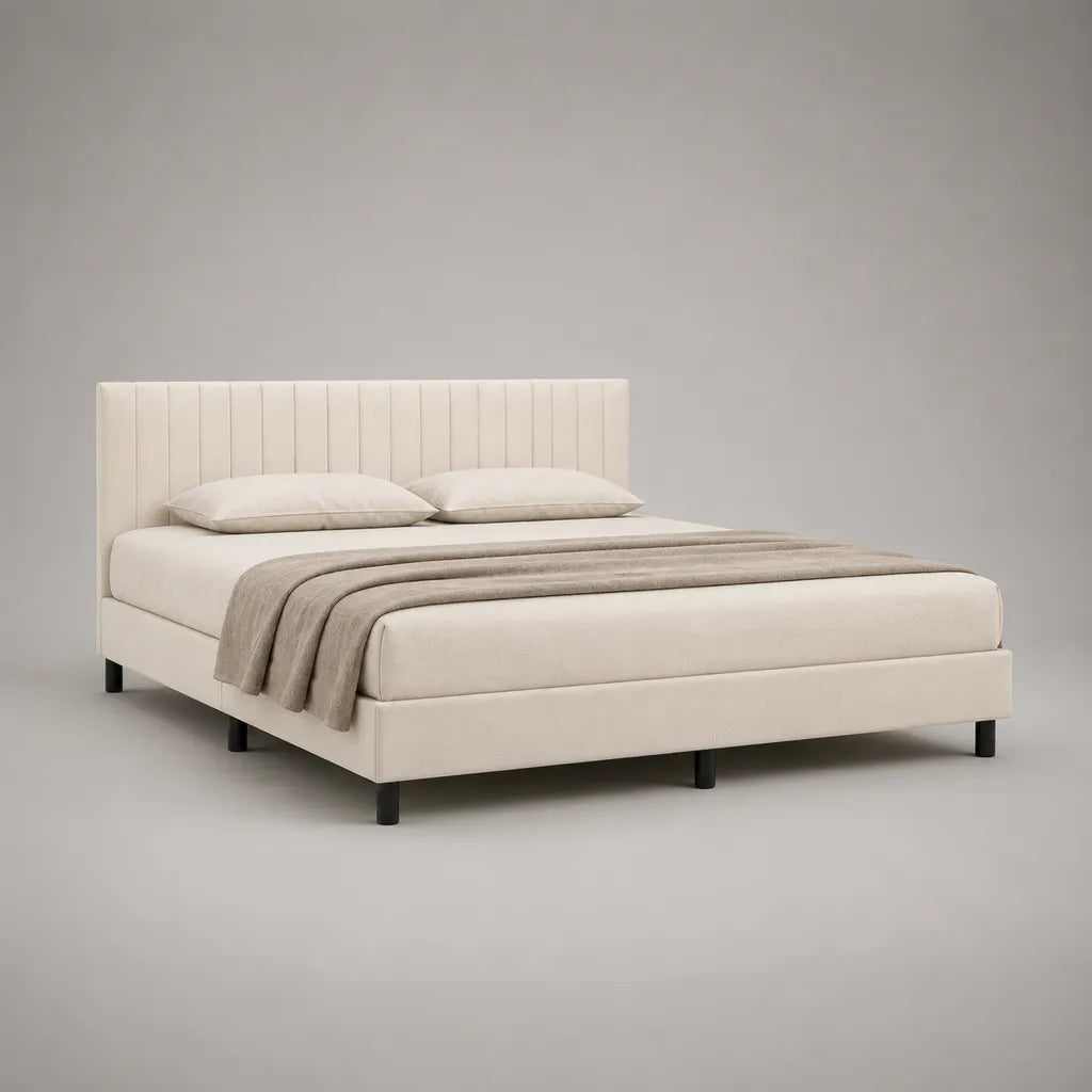 Telaio letto matrimoniale imbottito in tessuto crema beige, letto 160 × 200 cm, dimensioni 170 × 215 × 105 cm