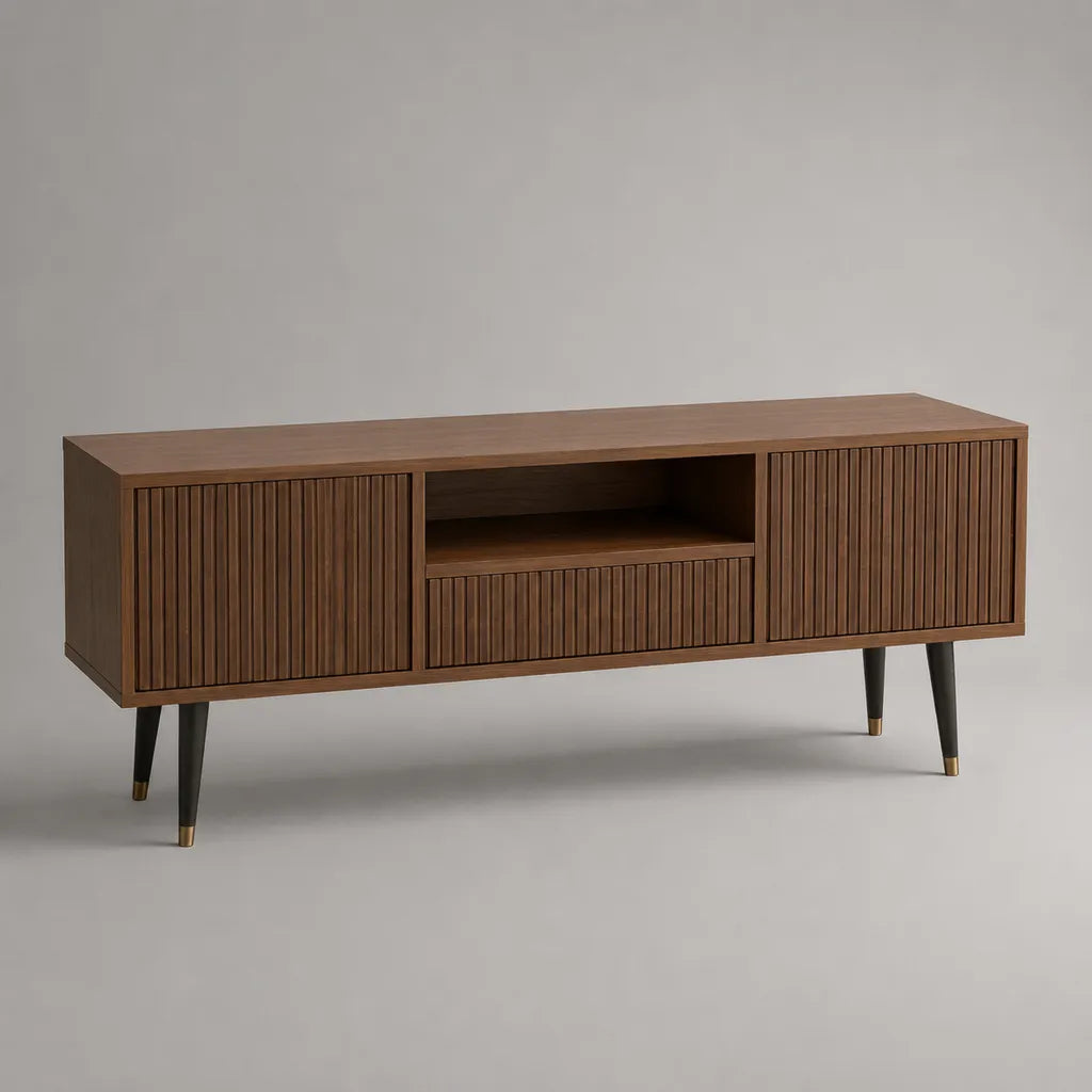 Basso armadio TV in MDF e acciaio, 2 porte, 1 cassetto e 1 nicchia, marrone noce, nero e oro, 160 × 40 × 60 cm