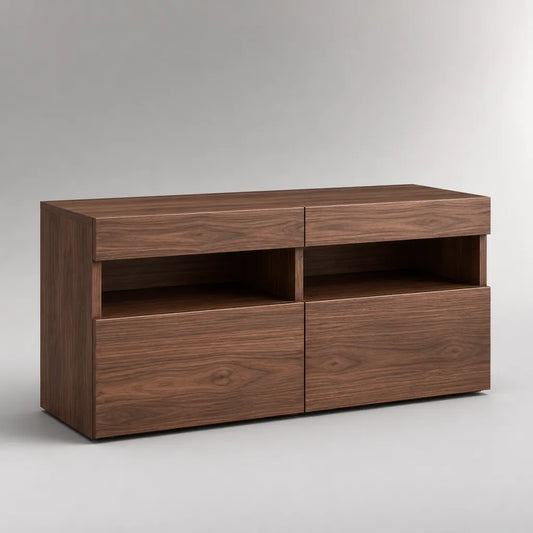 Basso armadio TV in pannello di particelle di melamina, 4 cassetti e 2 nicchie, 120 × 40 × 70 cm, marrone noce