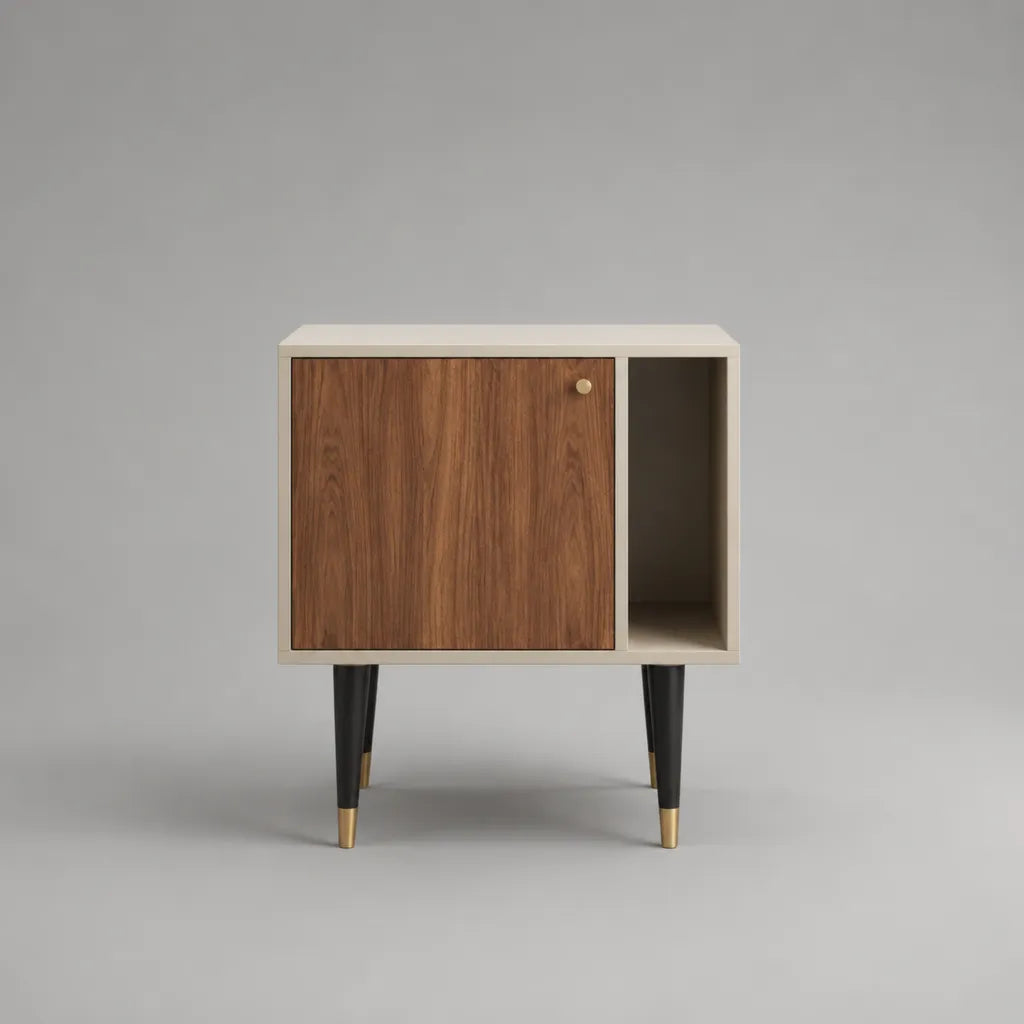 Comodino rettangolare in legno e metallo con porta e nicchia, beige, noce, nero e oro, 60 × 35 × 70 cm